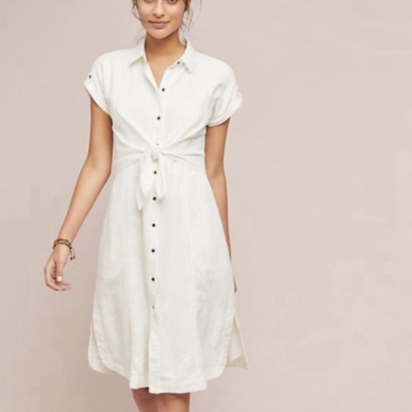 Anthropologie Maeve white shirt dress with buttons and front waist tie, Size 10 - Picture 4 of 6